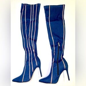 Denim Rhinestone Striped Stiletto Thigh High Boots. 4.5” Heel Diamond Studded